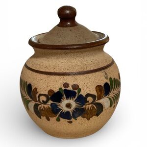 Vintage Mexican Tonala Rustic Ceramic Jar with Blue Floral Motif